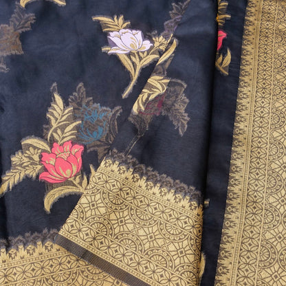 Black Floral Butas Organza Banarasi Saree with Meenakari