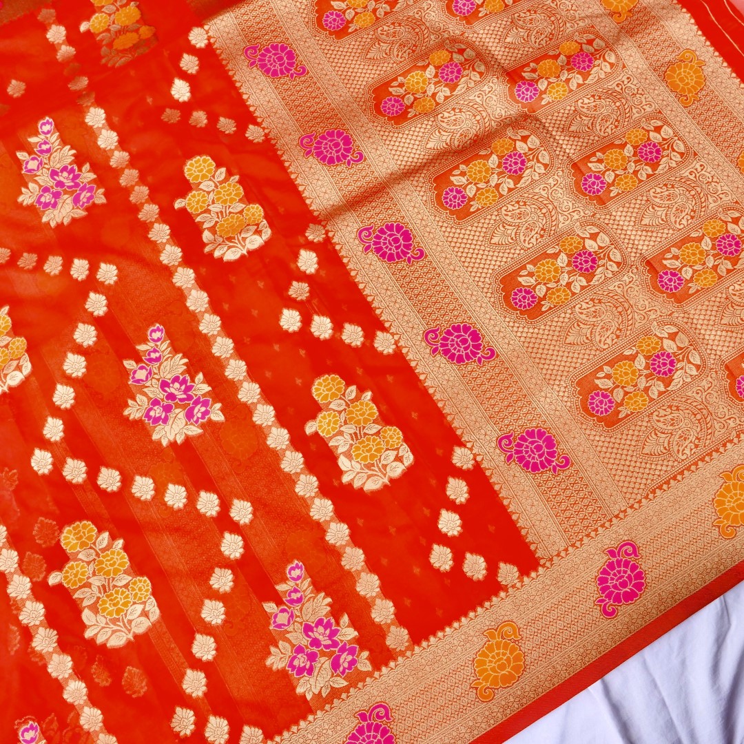 Red Floral Bunch Organza Banarasi Saree with Butis