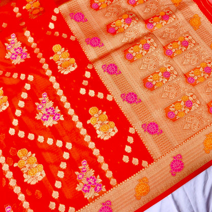 Red Floral Bunch Organza Banarasi Saree with Butis