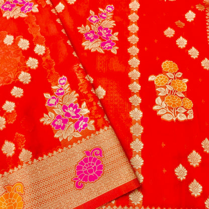 Red Floral Bunch Organza Banarasi Saree with Butis