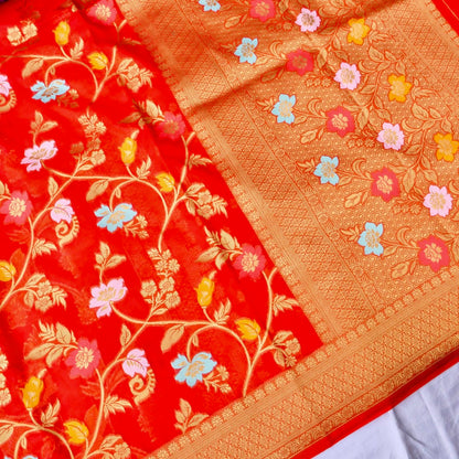 Red Floral Jaal Organza Banarasi Saree with Meenakari