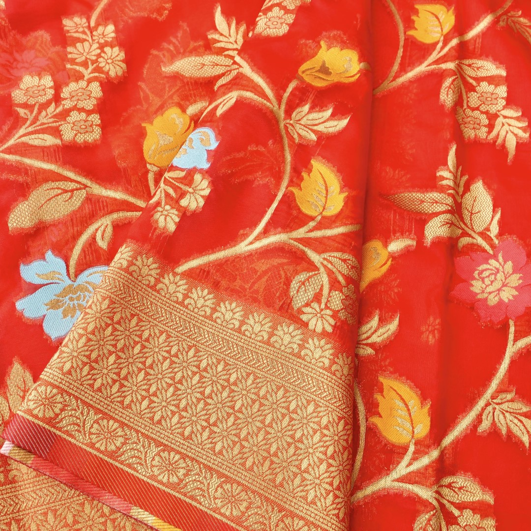 Red Floral Jaal Organza Banarasi Saree with Meenakari