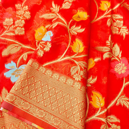Red Floral Jaal Organza Banarasi Saree with Meenakari