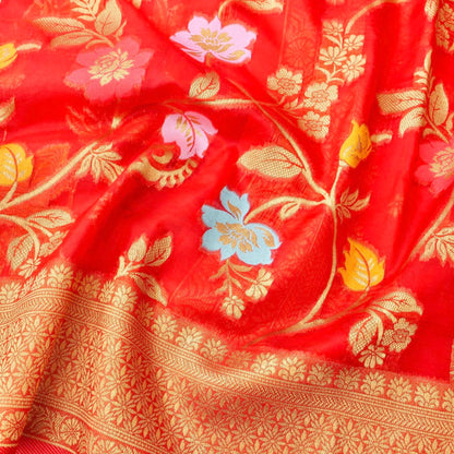 Red Floral Jaal Organza Banarasi Saree with Meenakari