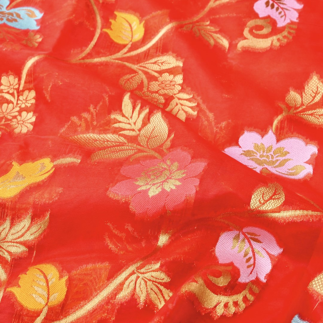 Red Floral Jaal Organza Banarasi Saree with Meenakari