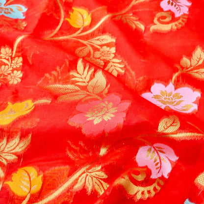 Red Floral Jaal Organza Banarasi Saree with Meenakari