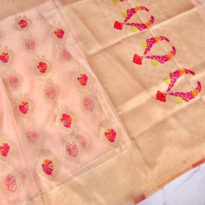 Millenial Pink Buti Organza Banarasi Saree with Meenakari