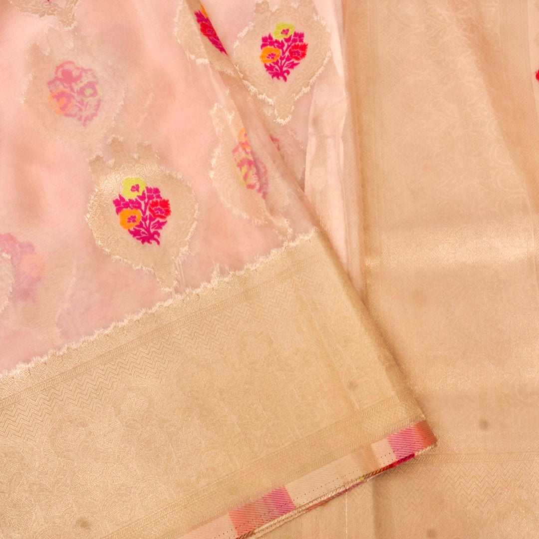 Millenial Pink Buti Organza Banarasi Saree with Meenakari
