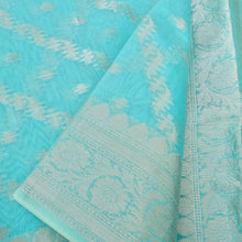 Load image into Gallery viewer, Sky Blue Cotton Adha Jaal Pattern Woven Banarasi Saree
