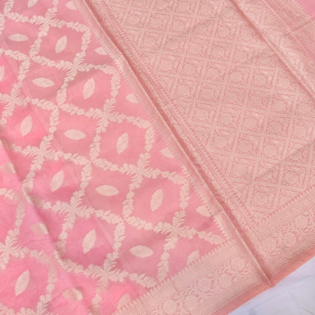 Light Pink Cotton Floral Jaal Pattern Woven Banarasi Saree