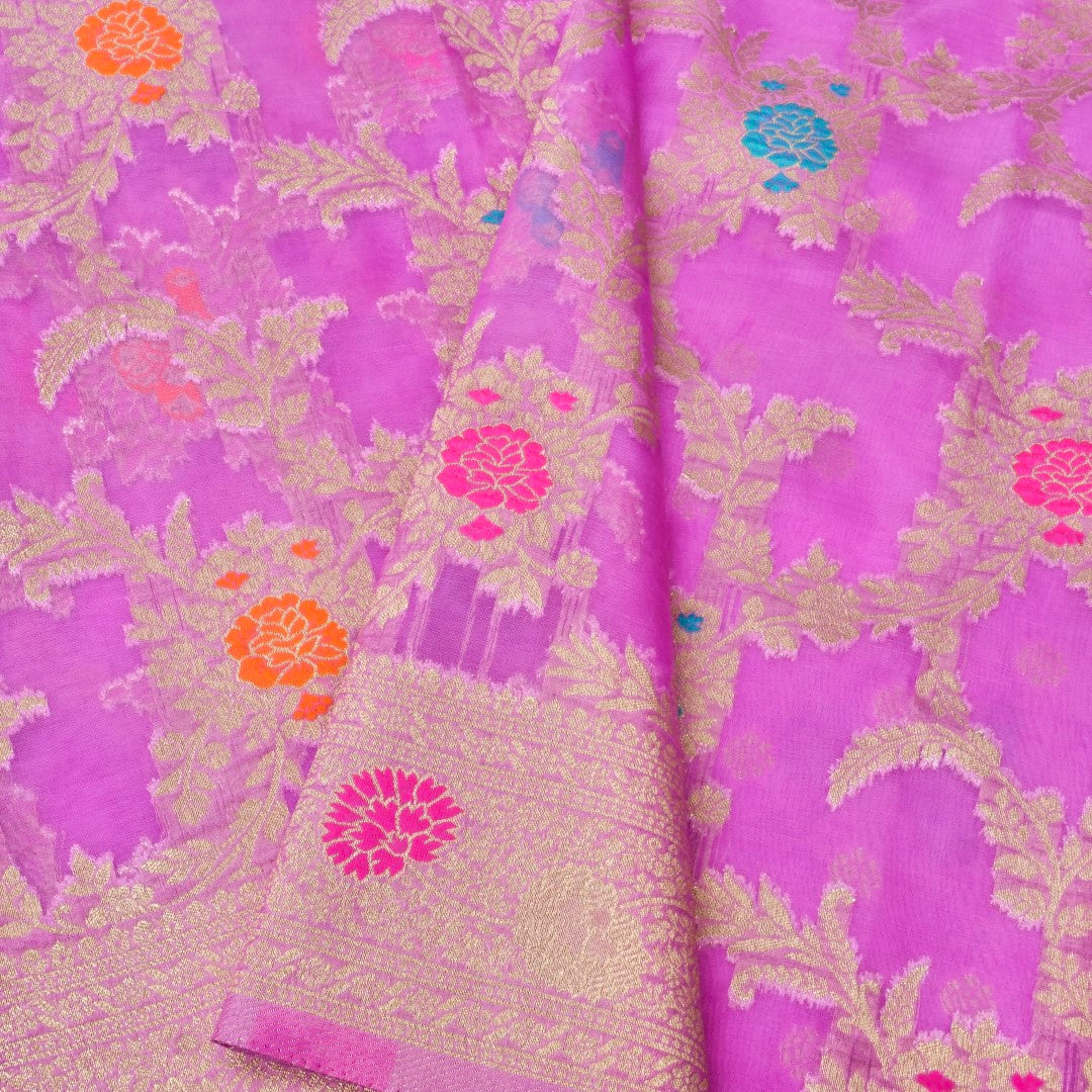 Lilac Meena Floral Jaal Organza Banarasi Saree with Meenakari Border