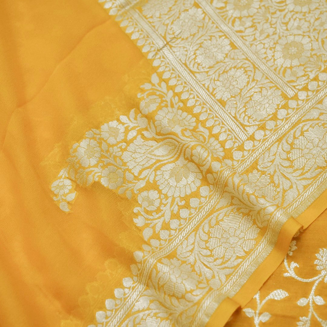 Yellow Munga Silk Unstitched Banarasi Suit Fabric