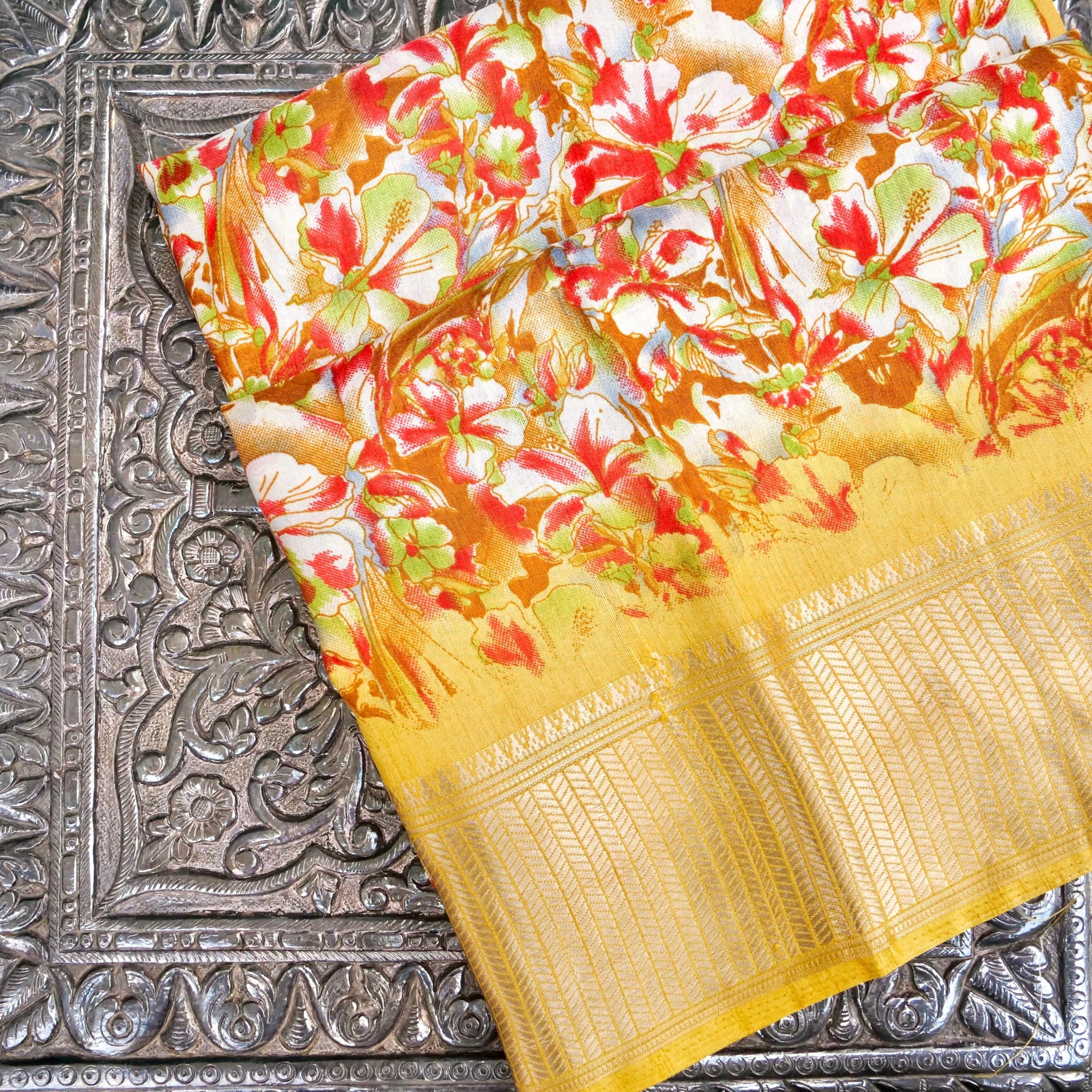 Yellow Tussar Silk Floral Digital Print Banarasi Saree