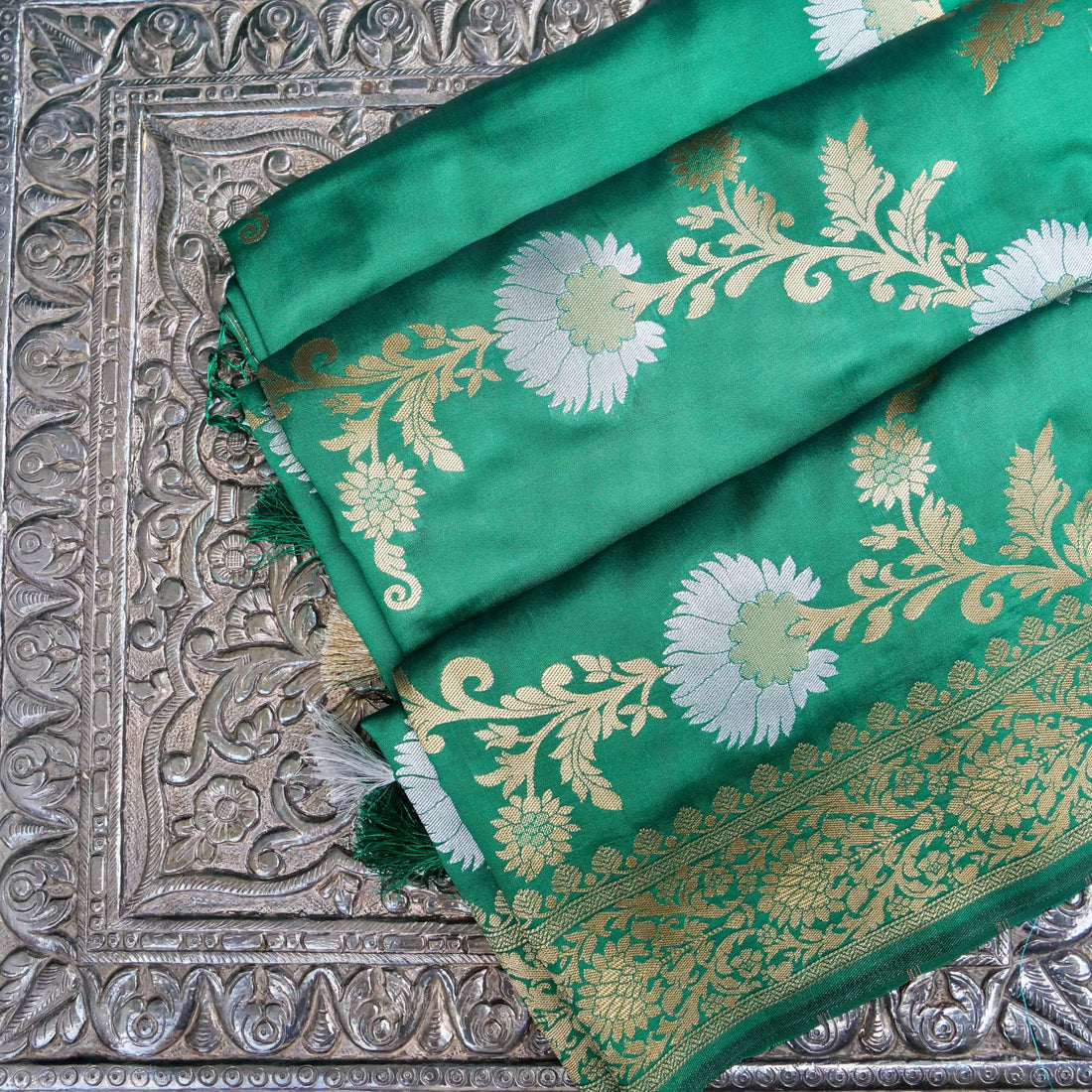 Green Banarasi Silk Saree with Zari Floral Jaal