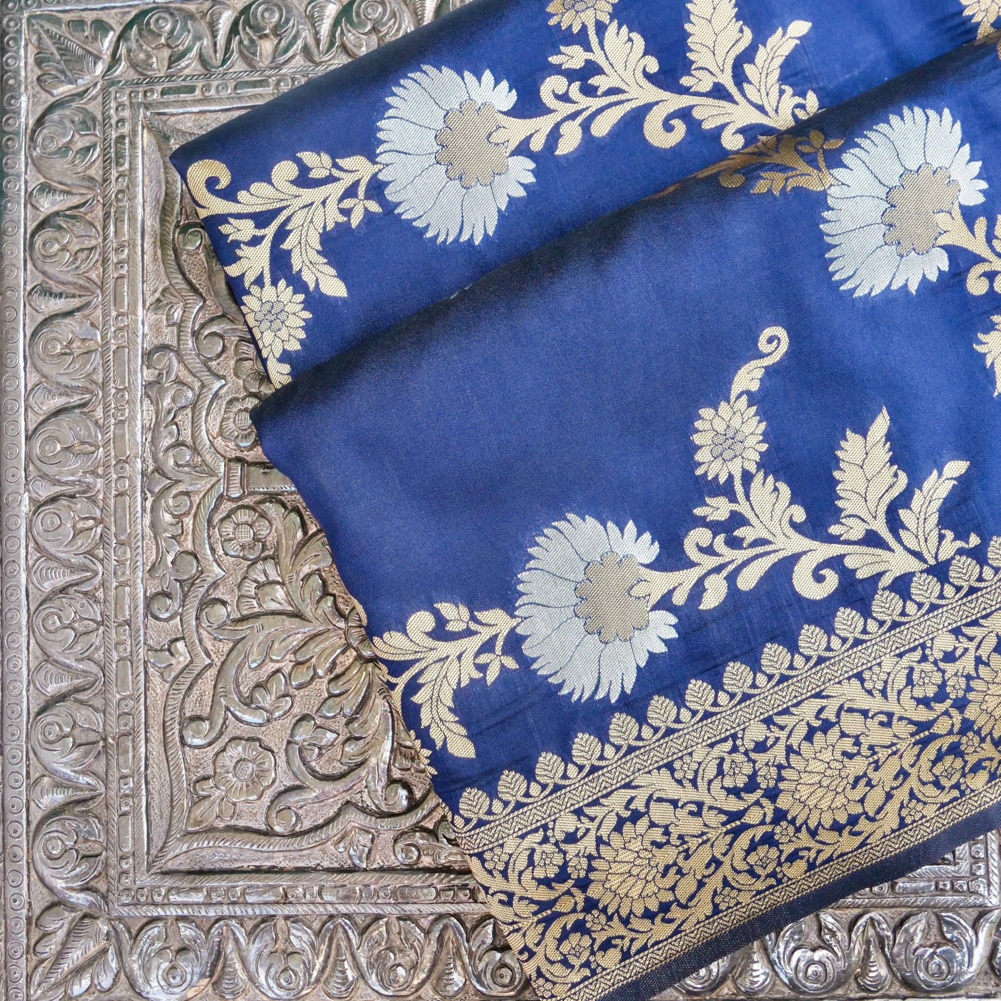 Blue Banarasi Silk Saree with Zari Floral Jaal