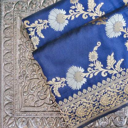 Blue Banarasi Silk Saree with Zari Floral Jaal