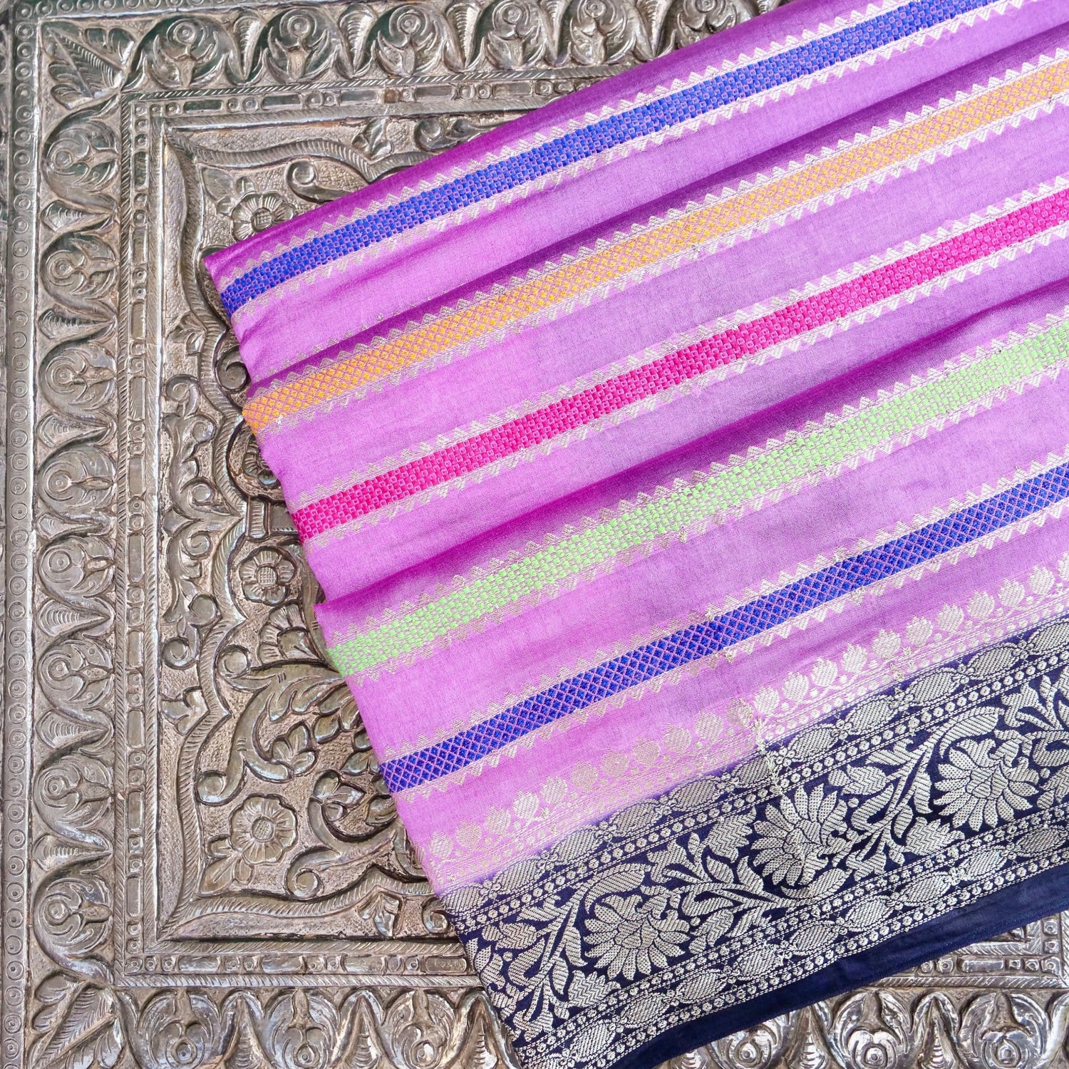 Lilac Raw Mango Silk Meena Striped Saree