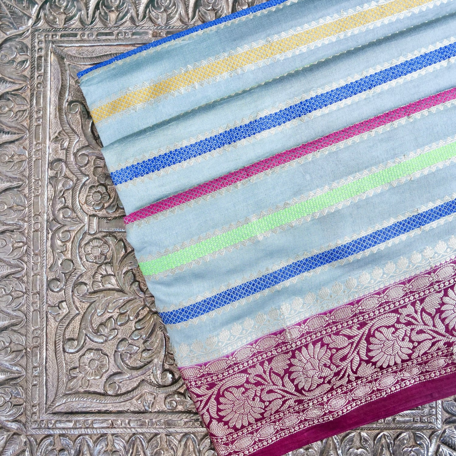 Grey Raw Mango Silk Meena Striped Saree