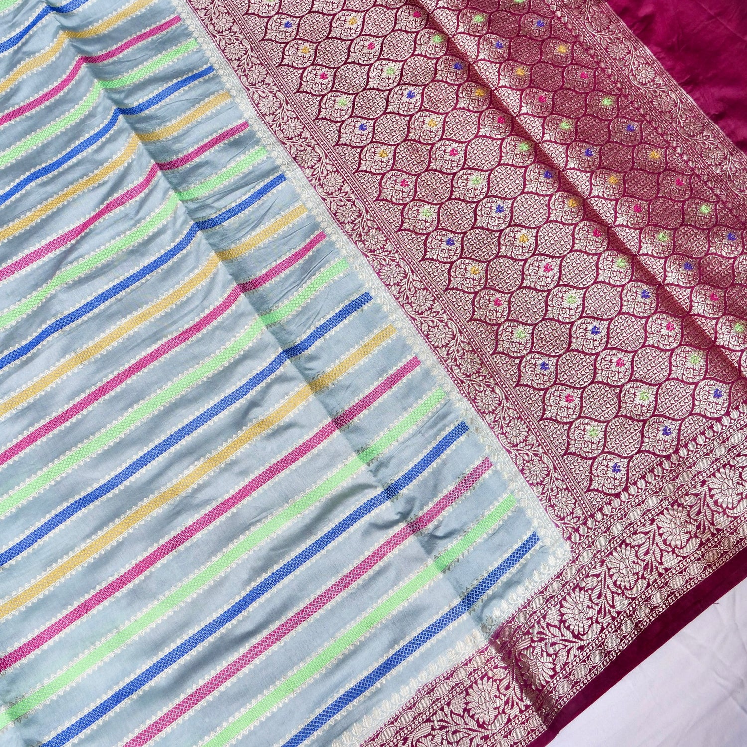 Grey Raw Mango Silk Meena Striped Saree