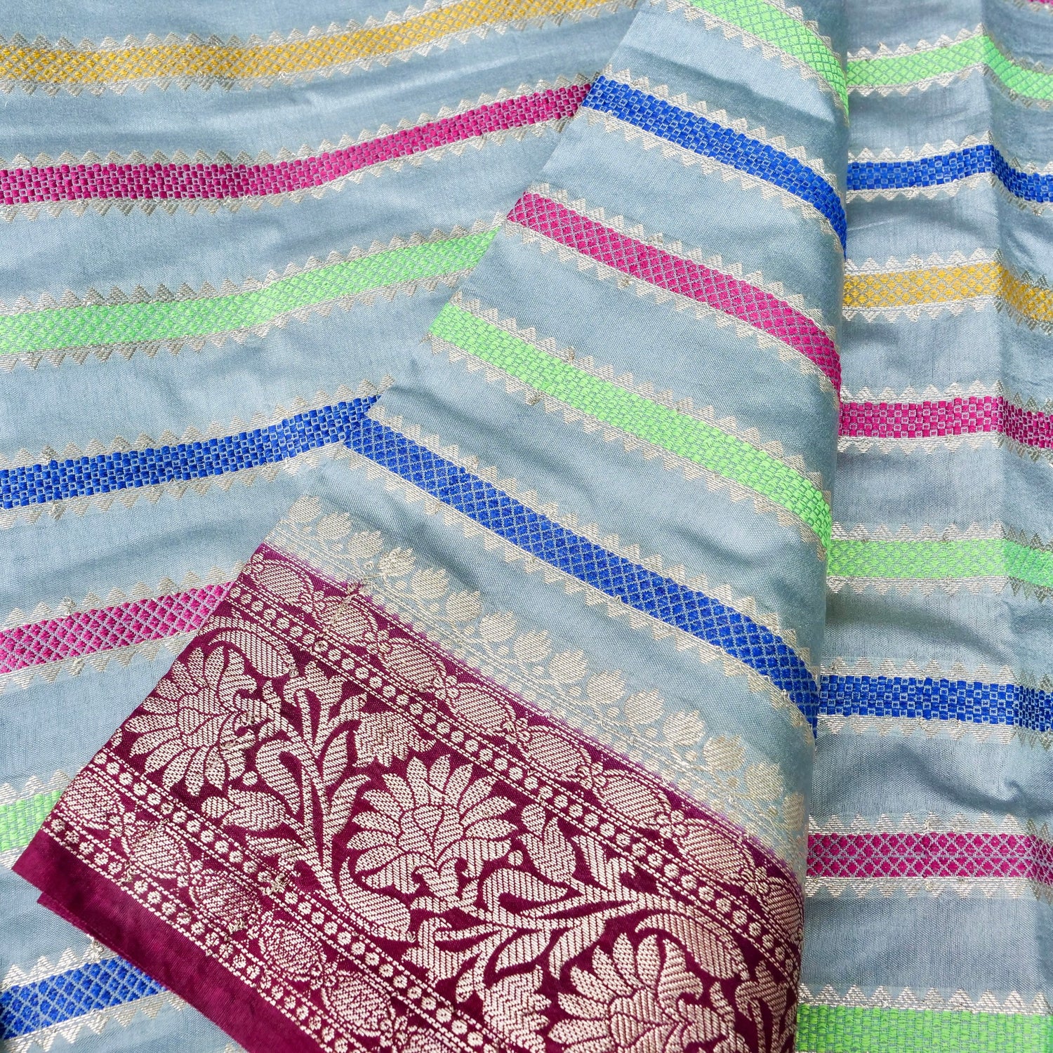 Grey Raw Mango Silk Meena Striped Saree