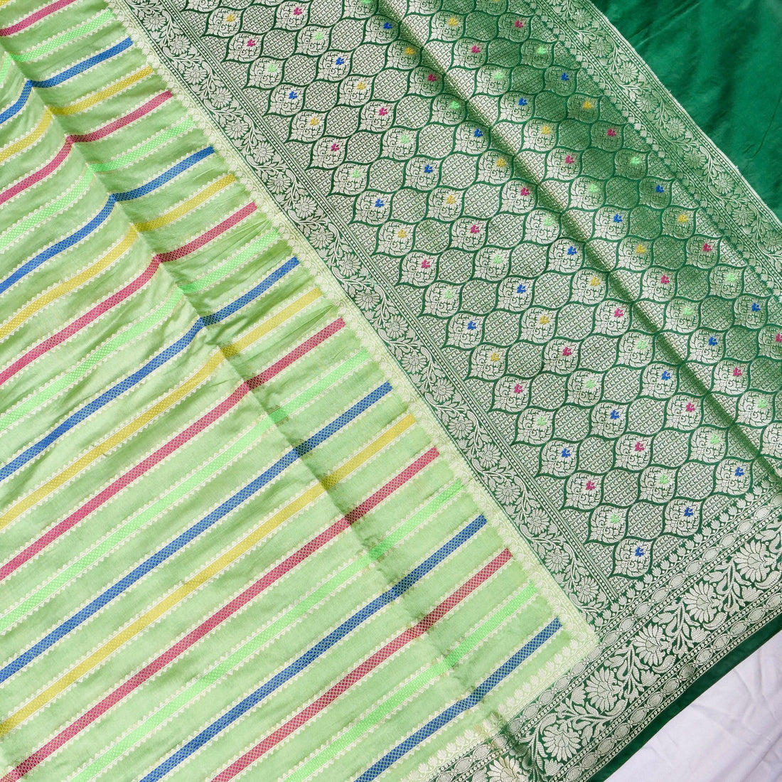Green Raw Mango Silk Meena Striped Saree