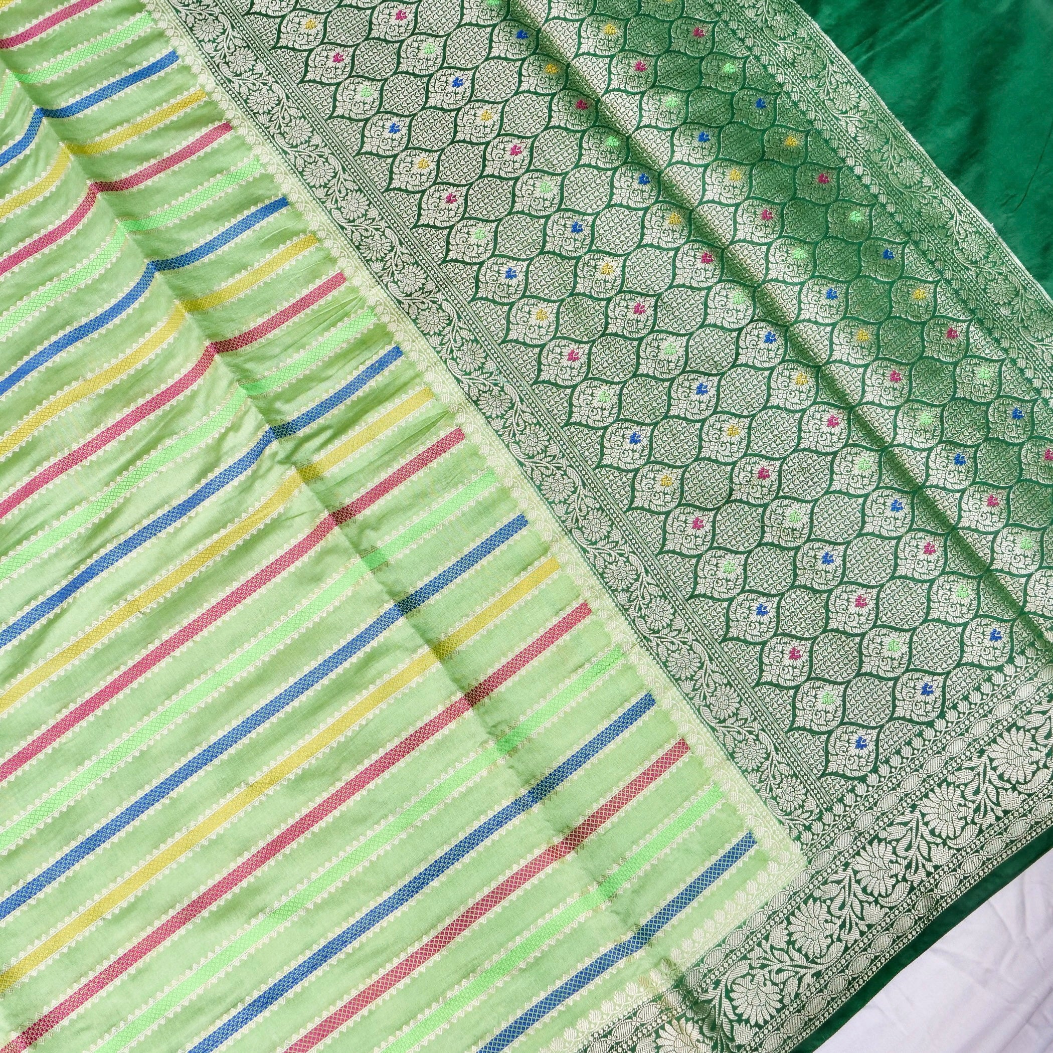 Green Raw Mango Silk Meena Striped Saree