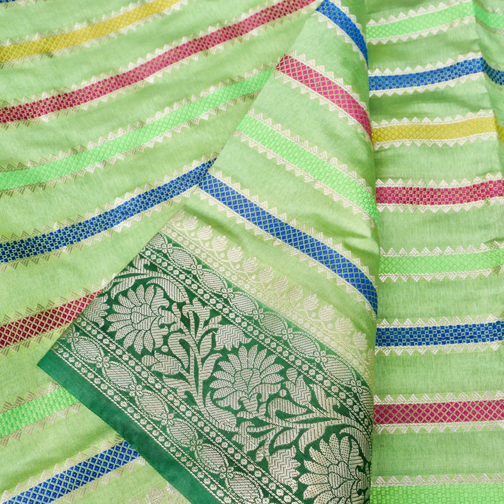 Green Raw Mango Silk Meena Striped Saree
