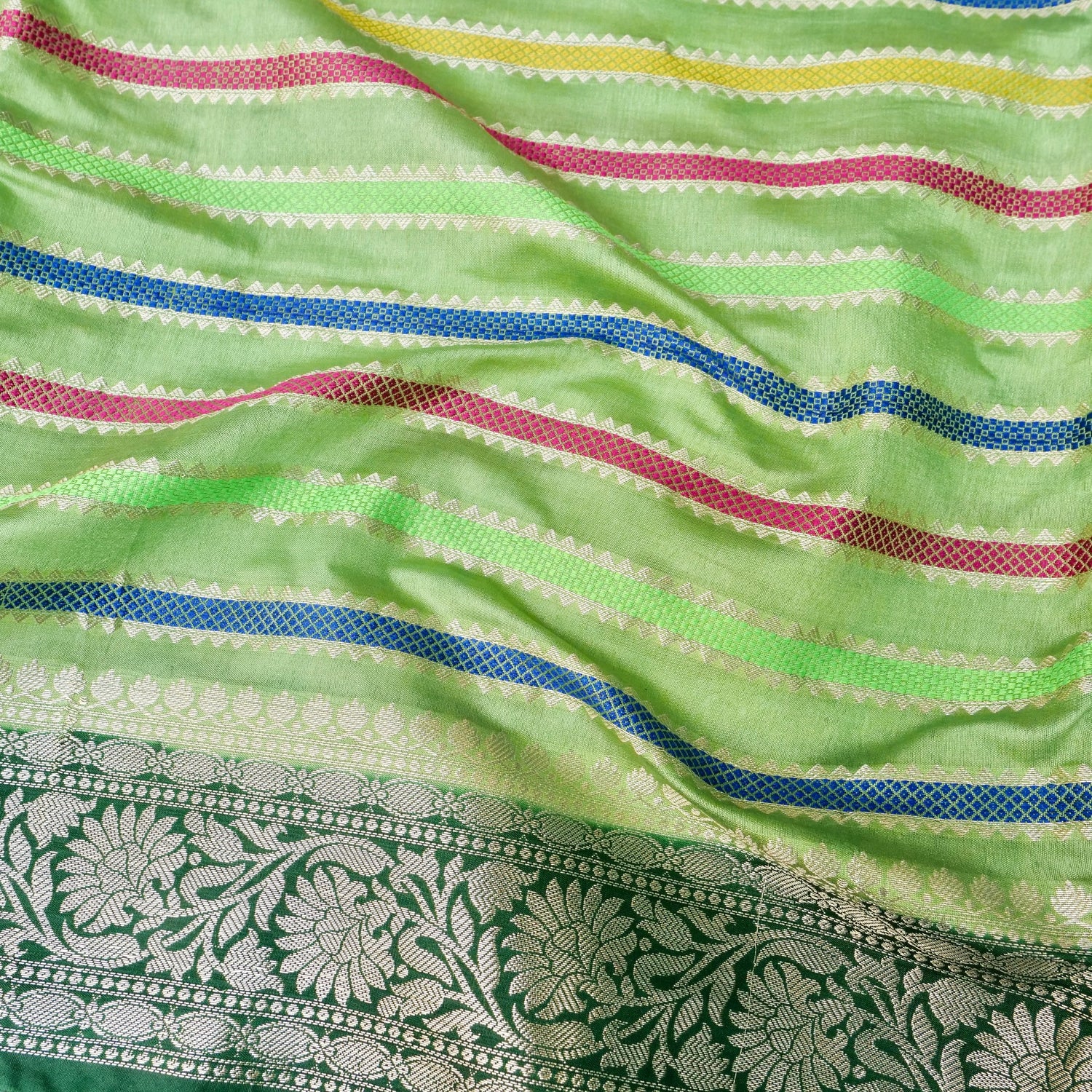 Green Raw Mango Silk Meena Striped Saree