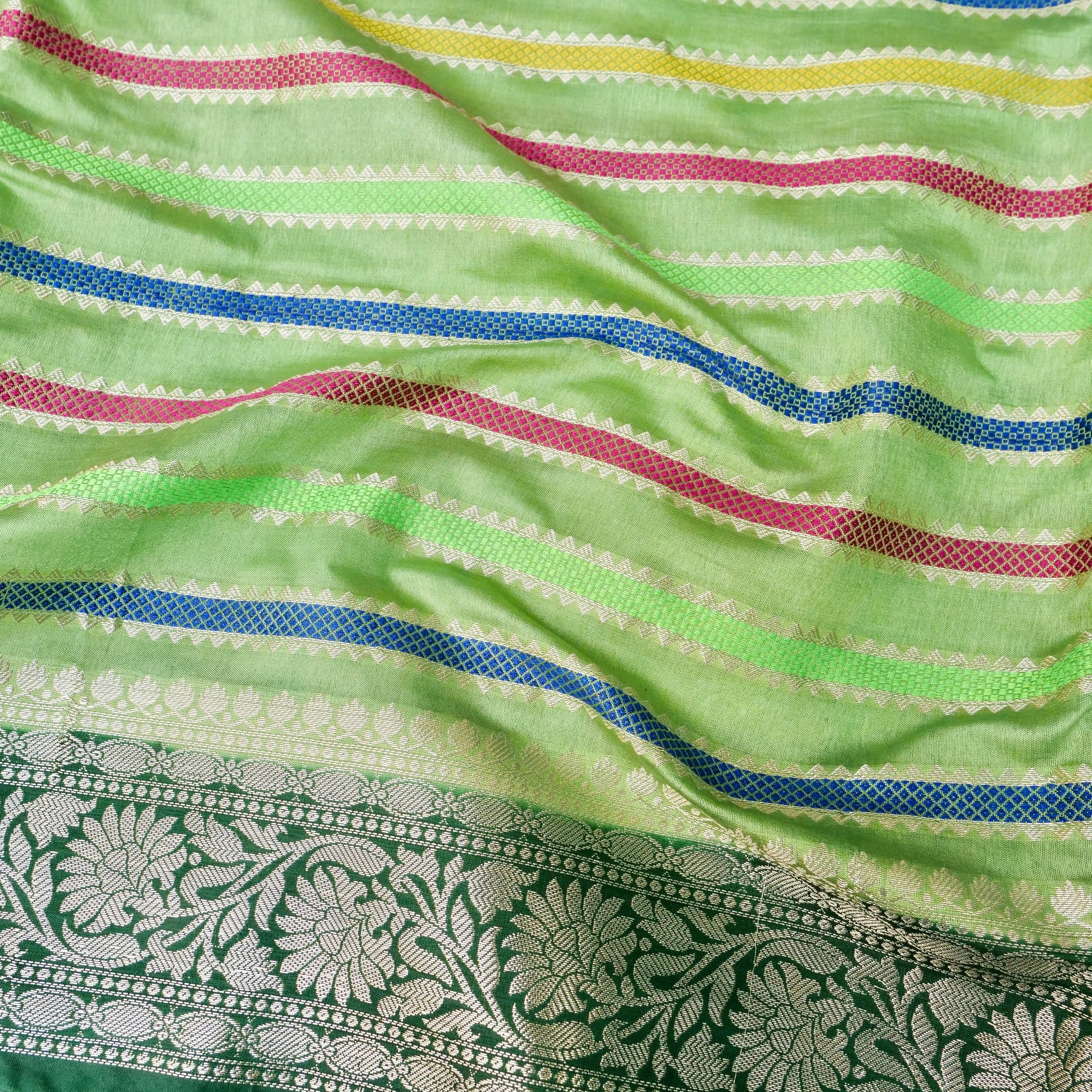 Green Raw Mango Silk Meena Striped Saree