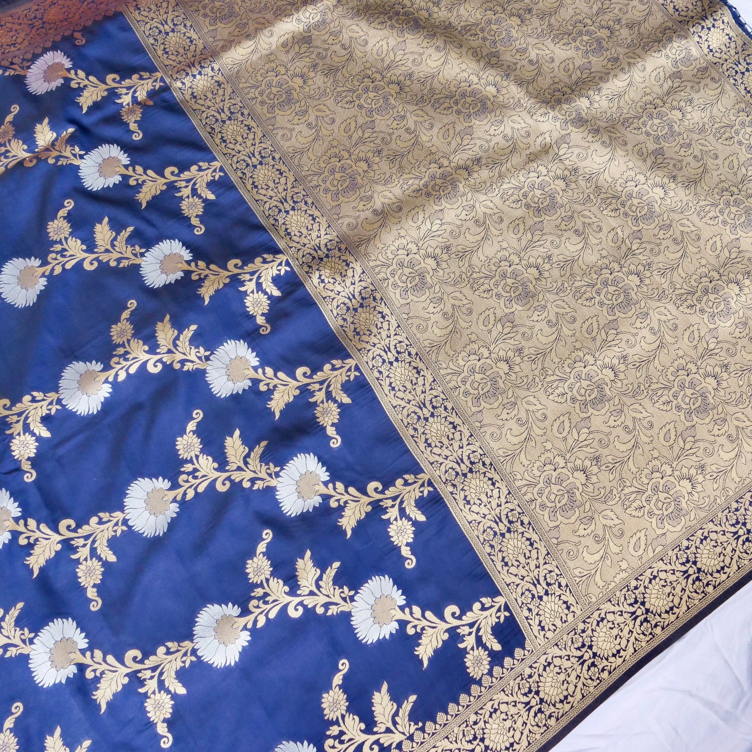 Blue Banarasi Silk Saree with Zari Floral Jaal