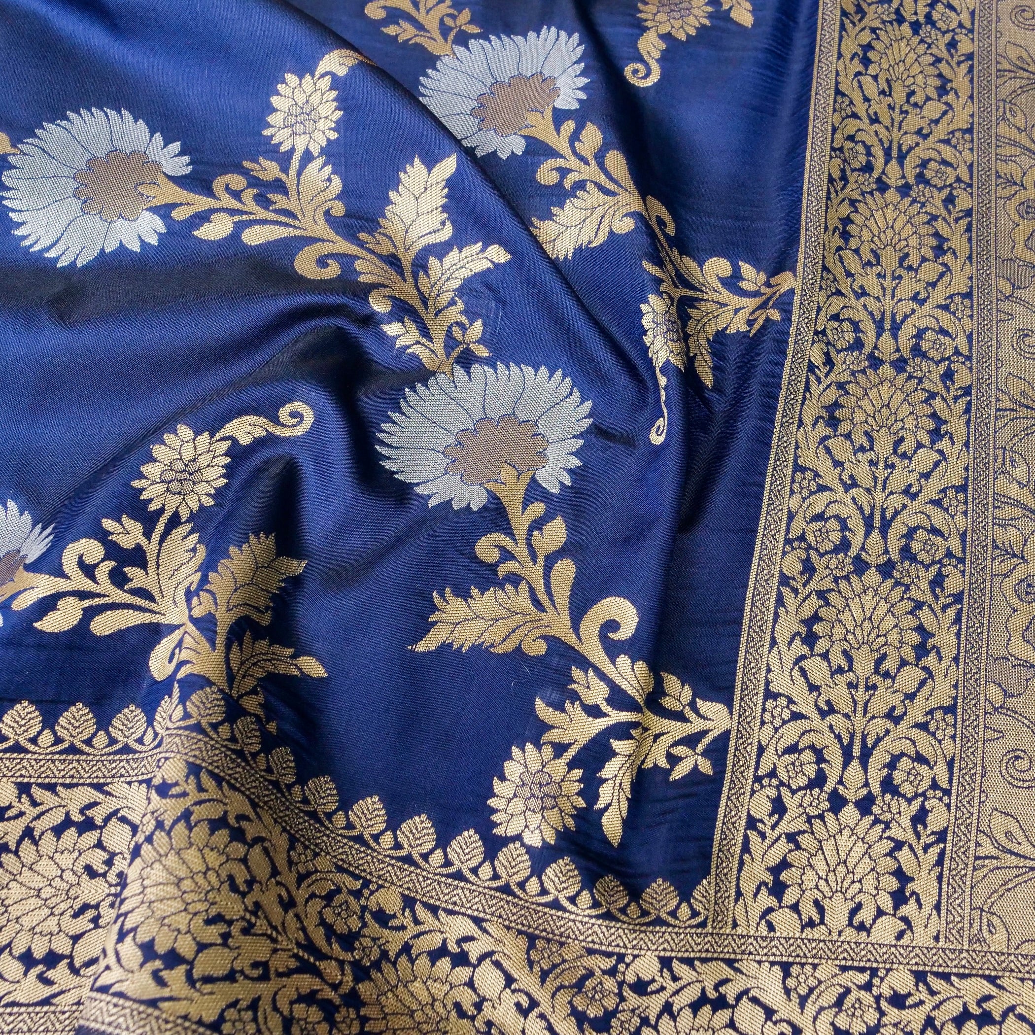 Blue Banarasi Silk Saree with Zari Floral Jaal