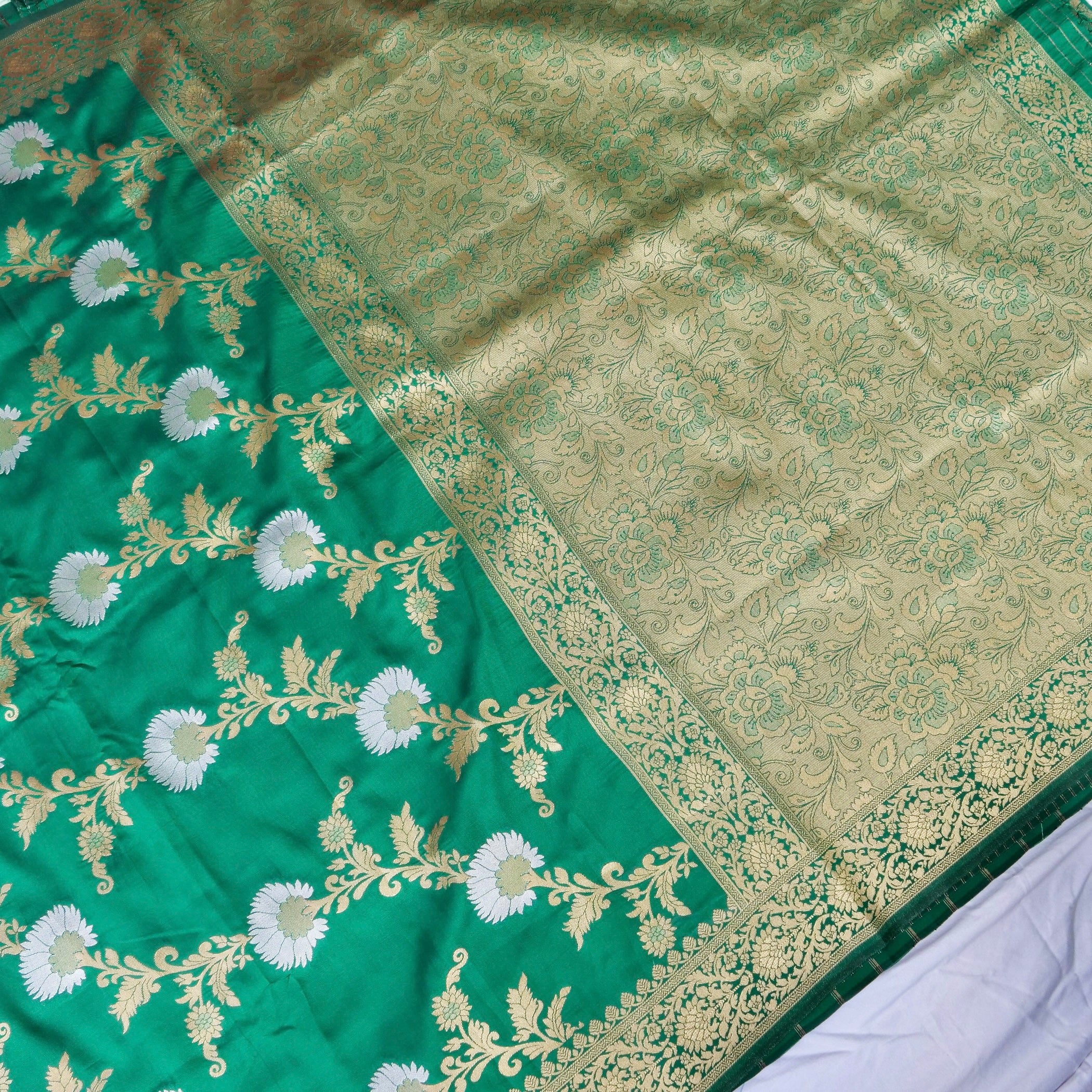 Green Banarasi Silk Saree with Zari Floral Jaal