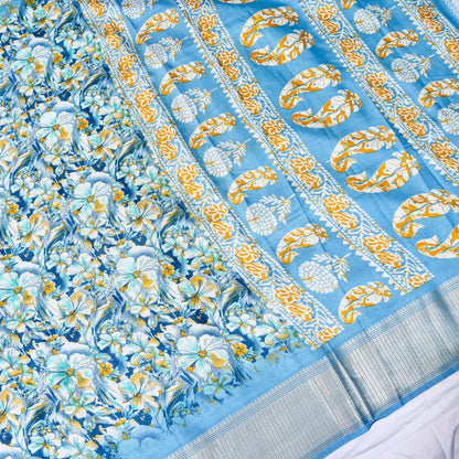 Blue Tussar Silk Floral Digital Print Banarasi Saree