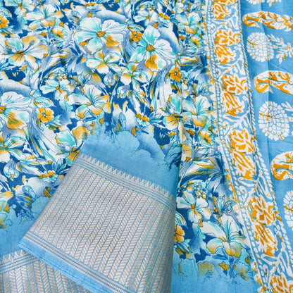 Blue Tussar Silk Floral Digital Print Banarasi Saree