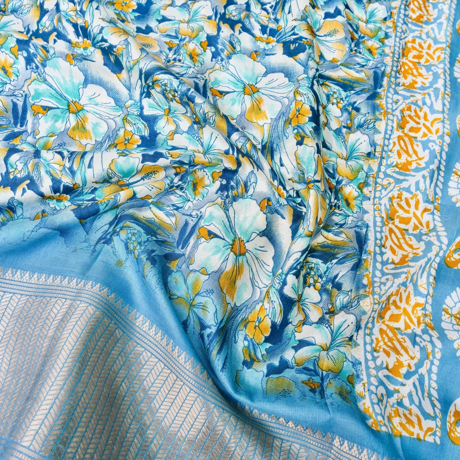 Blue Tussar Silk Floral Digital Print Banarasi Saree