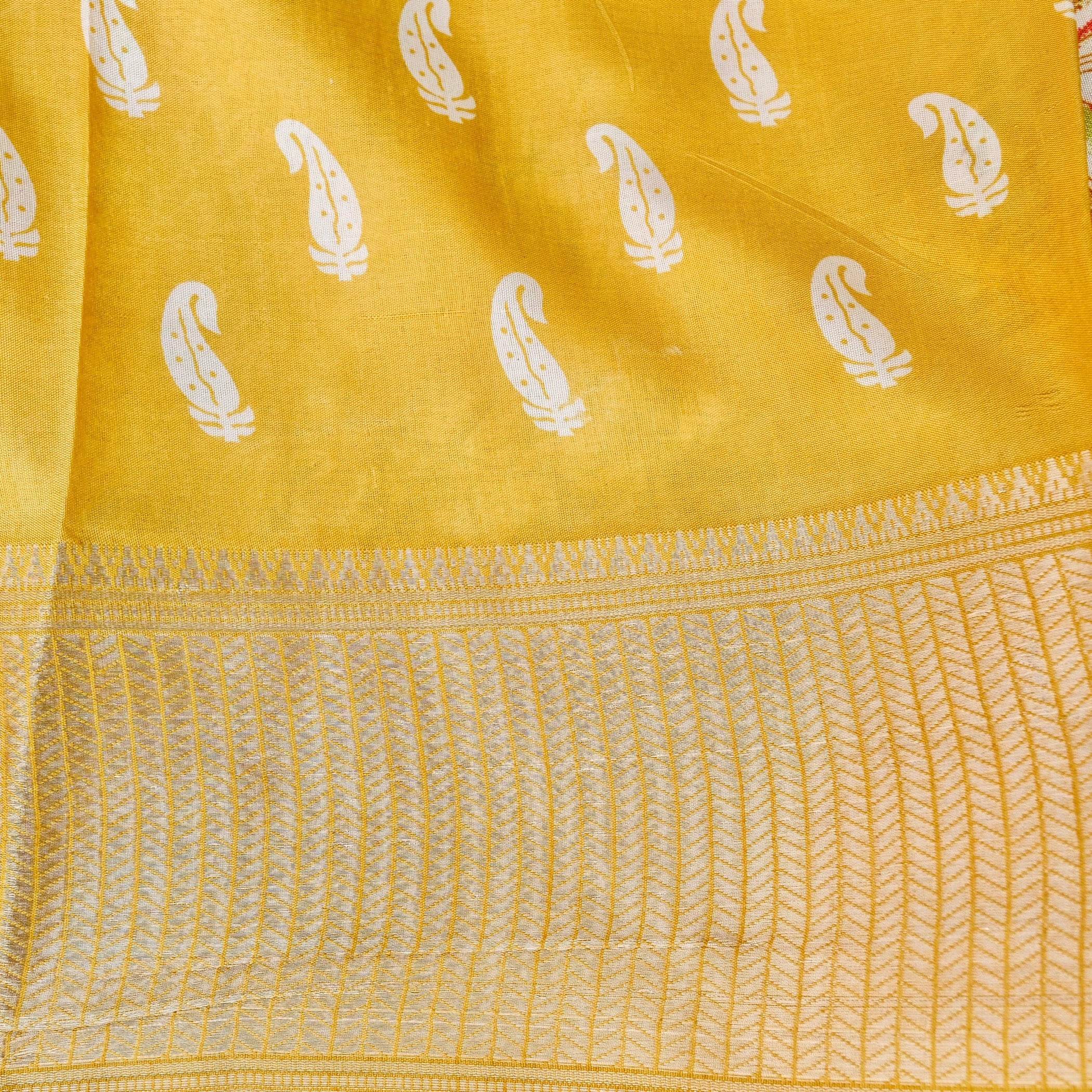 Yellow Tussar Silk Floral Digital Print Banarasi Saree