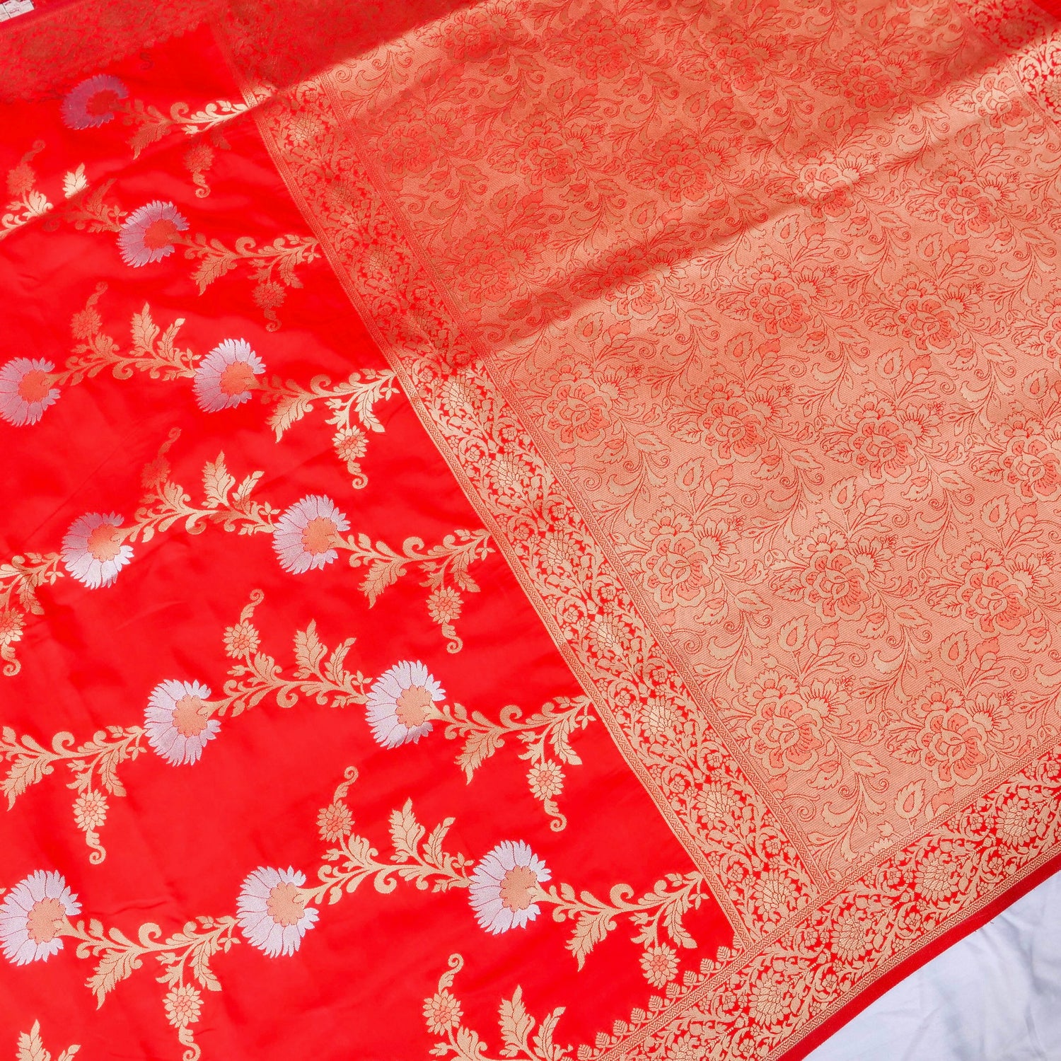 Red Banarasi Silk Saree with Zari Floral Jaal