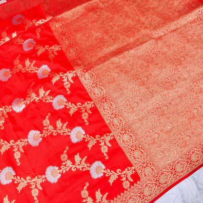 Red Banarasi Silk Saree with Zari Floral Jaal