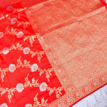 Load image into Gallery viewer, Red Banarasi Silk Saree with Zari Floral Jaal

