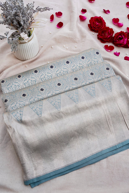 Light Blue Handwoven Pure Kataan Silk Kadhua Brocade Banarasi Saree