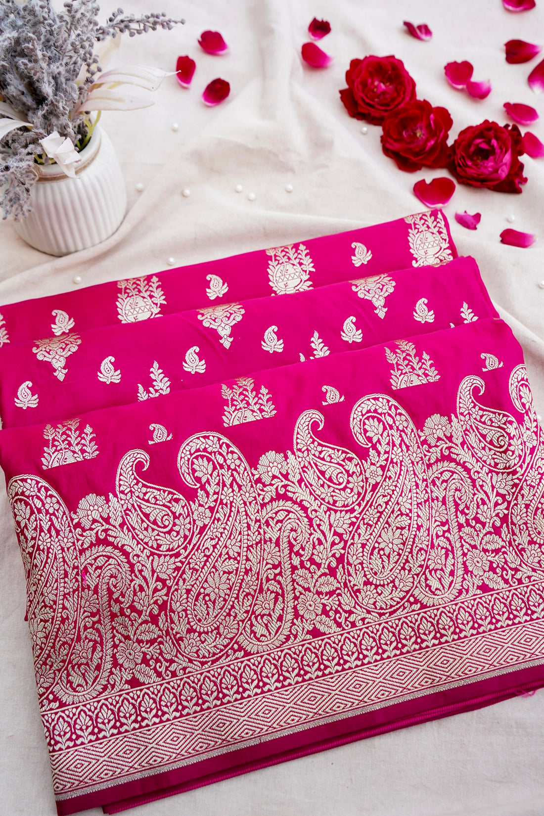 Pink Handwoven Pure Mashru Kataan Silk Buti Banarasi Saree