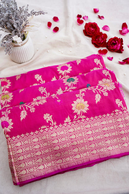 Pink Handwoven Banarasi Jangla Pure Silk Saree