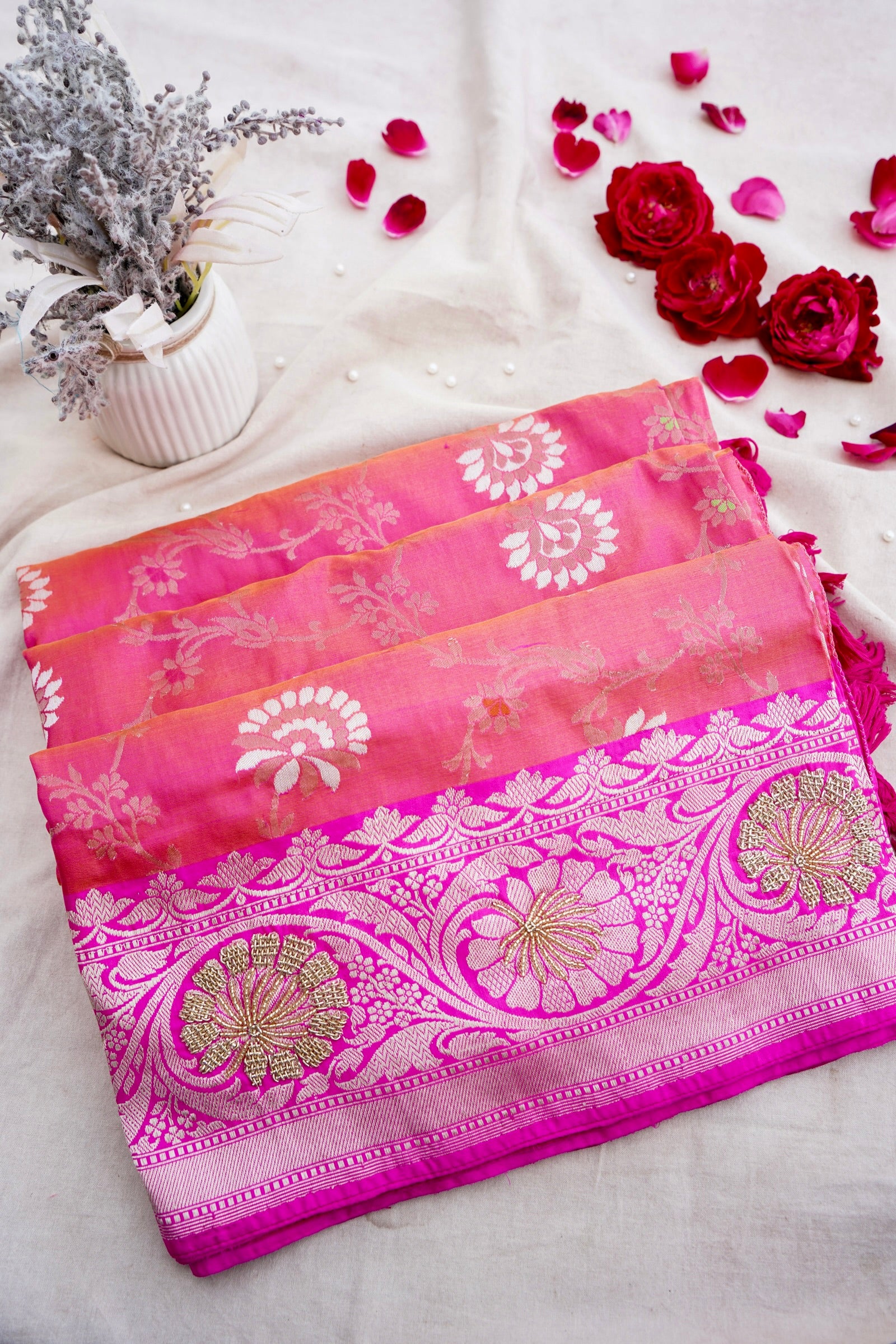 Pink Handwoven Kataan Silk Banarasi Saree with Hand Embroidery