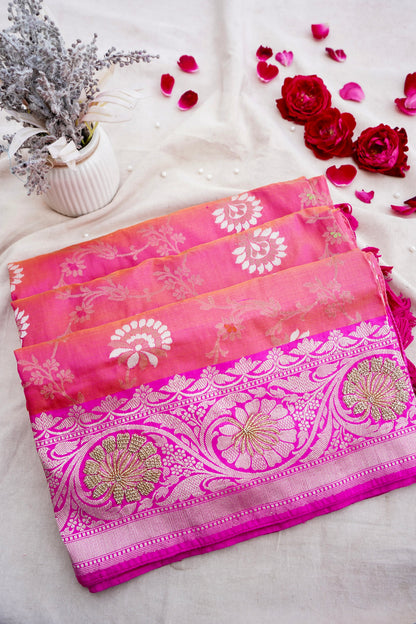 Pink Handwoven Kataan Silk Banarasi Saree with Hand Embroidery