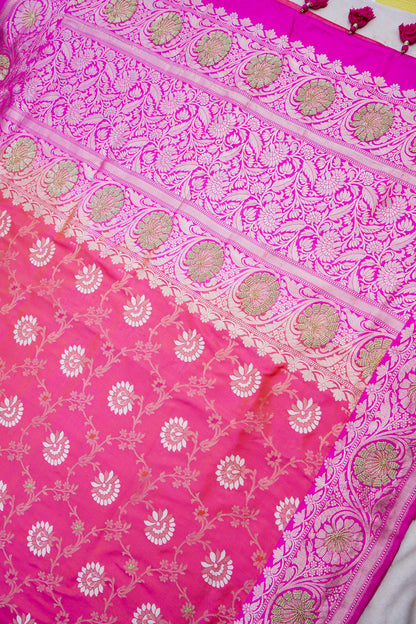 Pink Handwoven Kataan Silk Banarasi Saree with Hand Embroidery