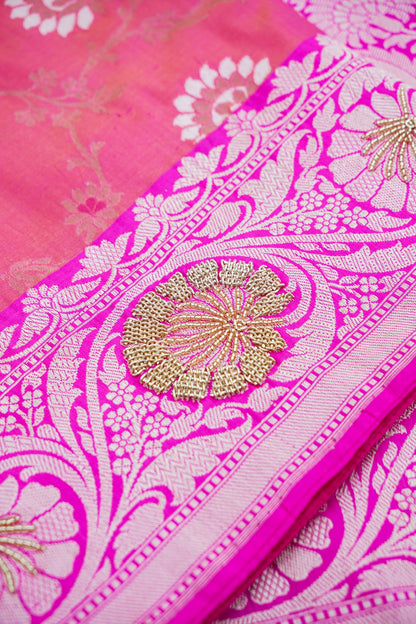 Pink Handwoven Kataan Silk Banarasi Saree with Hand Embroidery