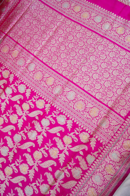Pink Handwoven Pure Kataan Silk Kadhua Jangla Benarasi Saree