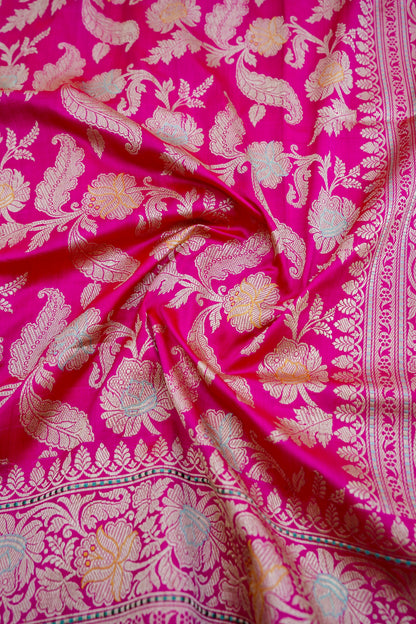 Pink Handwoven Pure Kataan Silk Kadhua Jangla Benarasi Saree