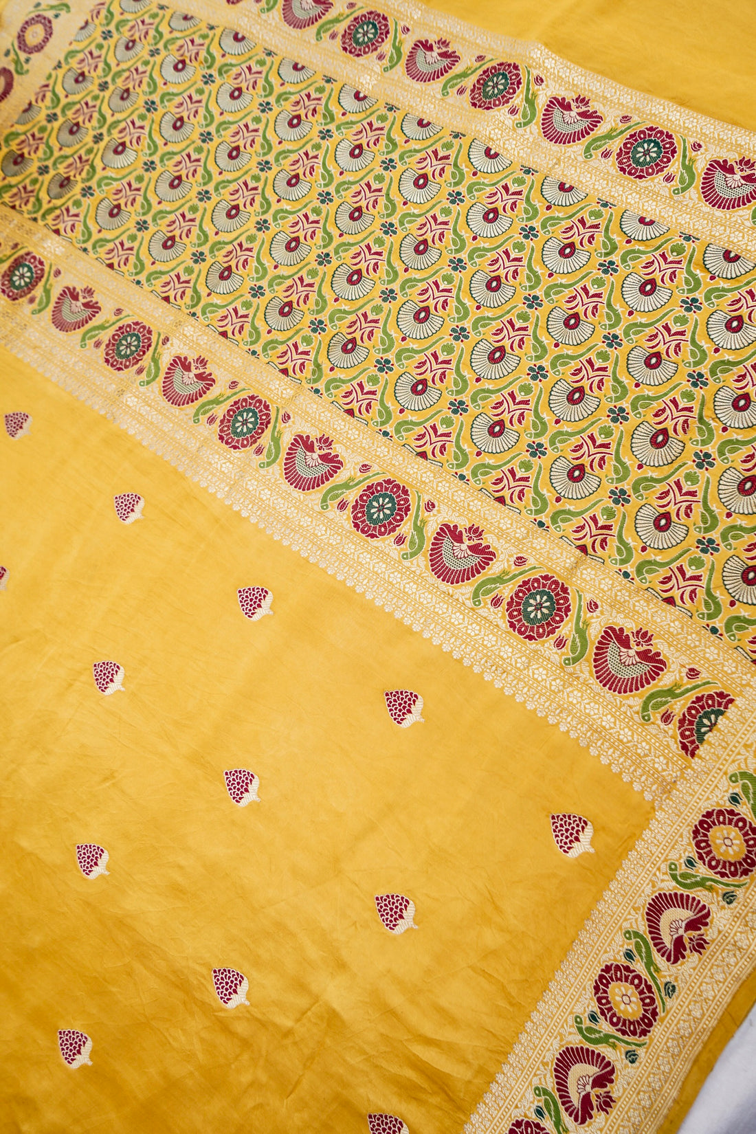 Golden Mustard Handloom Satin Silk Shikargah Banarasi Saree