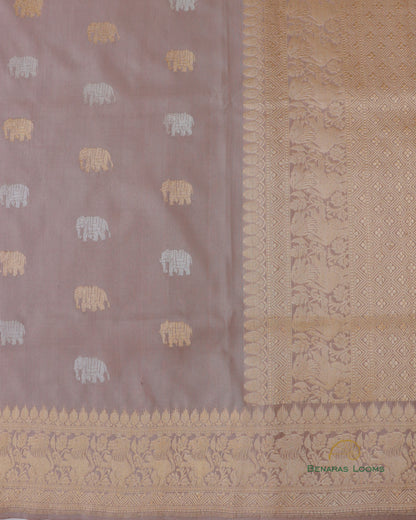 Beige Handloom Kataan Silk Shikargah Buti Banarasi Silk Saree